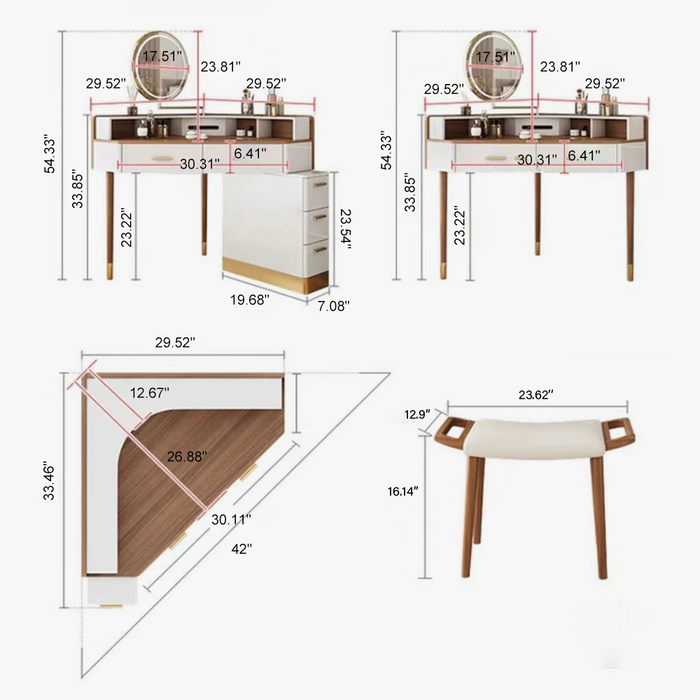 GFD Home - Modern Corner Makeup Vanity Table with LED Lighted Mirror, Vanity Desk with 5 Drawers, Piano Finish, Solid Wood Legs, Stool, 29.5'', Light Walnut - GreatFurnitureDeal