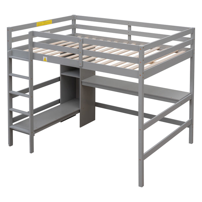 GFD Home - Full Size Loft Bed with Multifunction Shelves and Under-bed Desk, Gray - GreatFurnitureDeal