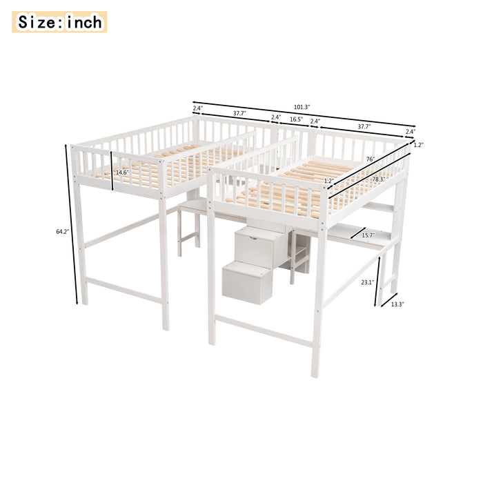 GFD Home - Twin & Twin Size Loft Bed with 2 Built-in Desks and Shelves, Storage Staircase, White - GreatFurnitureDeal