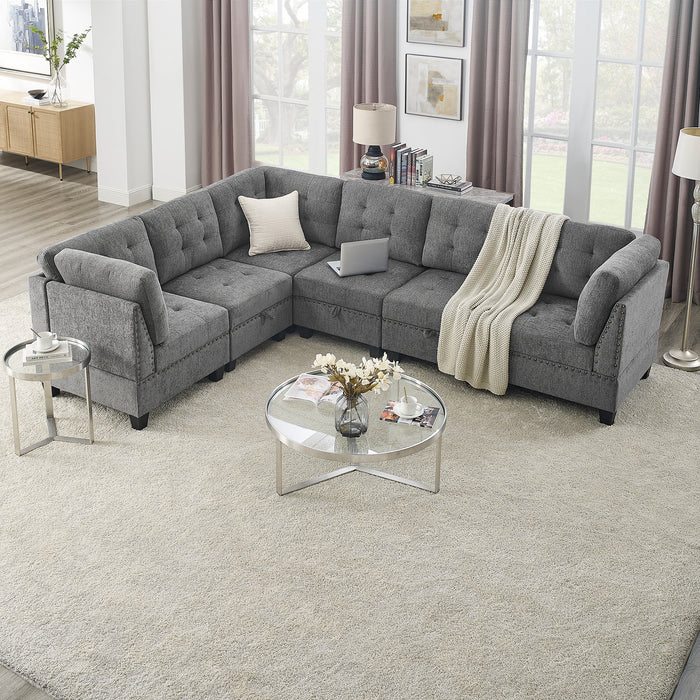 GFD Home - L shape Modular Sectional Sofa，DIY Combination，includes Three Single Chair and Three Corner ，Grey Chenille - GreatFurnitureDeal