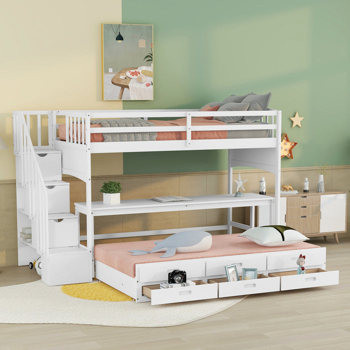 GFD Home - Stairway Twin XL Loft Bed with Twin Size Trundle and 3 Drawers, Storage, Desk, White - GreatFurnitureDeal