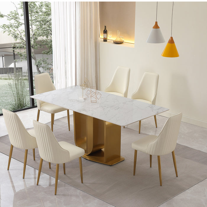 GFD House - 71" Contemporary Dining Table  Sintered Stone  U shape Pedestal Base in Gold finish with 6 pcs Chairs . - GreatFurnitureDeal