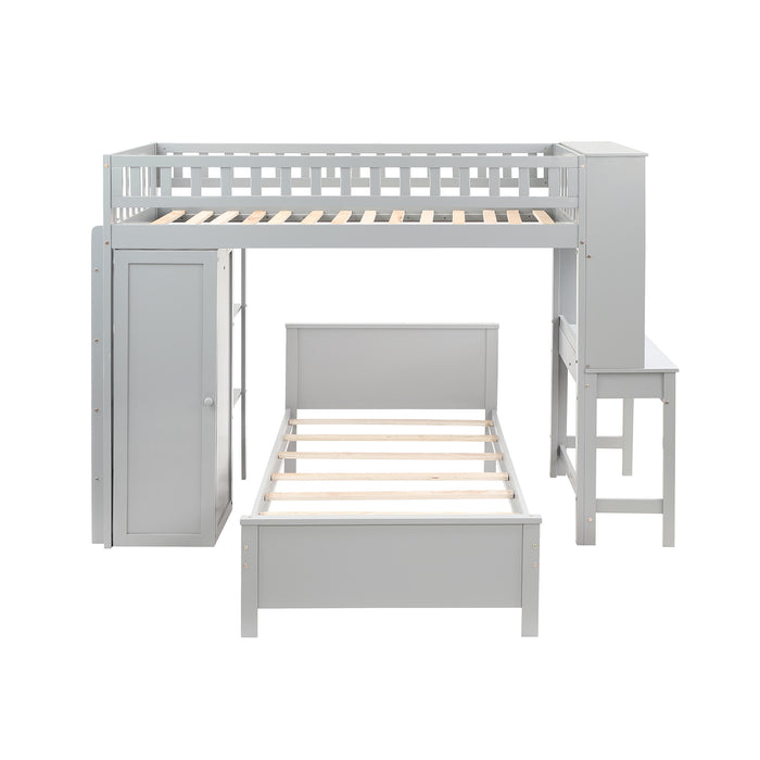 GFD Home - Twin Size Loft Bed with Closet and Desk, Extra Bottom Twin Bed, Grey - GreatFurnitureDeal