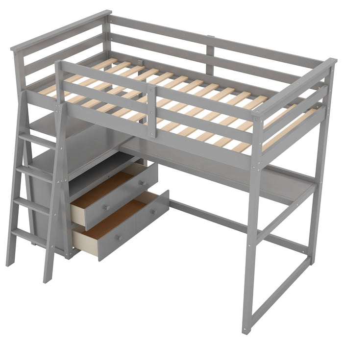 GFD Home - Twin Size Loft Bed with Desk and Shelves,Two Built-in Drawers,Gray(OLD SKU:GX000803AAE) - GreatFurnitureDeal