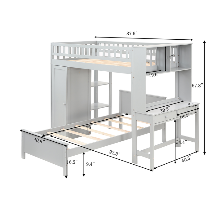 GFD Home - Twin Size Loft Bed with Closet and Desk, Extra Bottom Twin Bed, Grey - GreatFurnitureDeal