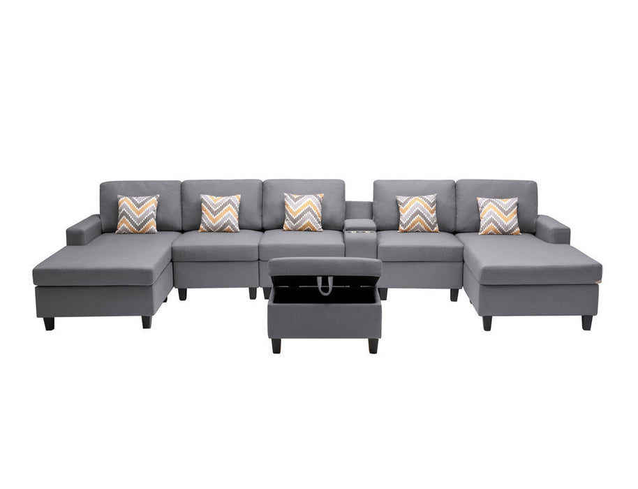GFD Home - Nolan Gray Linen Fabric 7Pc Double Chaise Sectional Sofa with Interchangeable Legs, Storage Ottoman, Pillows, and a USB, Charging Ports, Cupholders, Storage Console Table - GreatFurnitureDeal