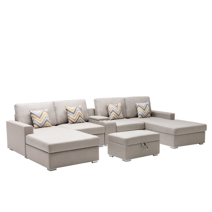 GFD Home - Nolan Beige Linen Fabric 6Pc Double Chaise Sectional Sofa with Interchangeable Legs, Storage Ottoman, Pillows, and a USB, Charging Ports, Cupholders, Storage Console Table - GreatFurnitureDeal