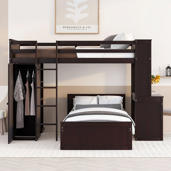 GFD Home - Twin size Loft Bed with a Stand-alone bed, Shelves,Desk,and Wardrobe-Espresso - GreatFurnitureDeal