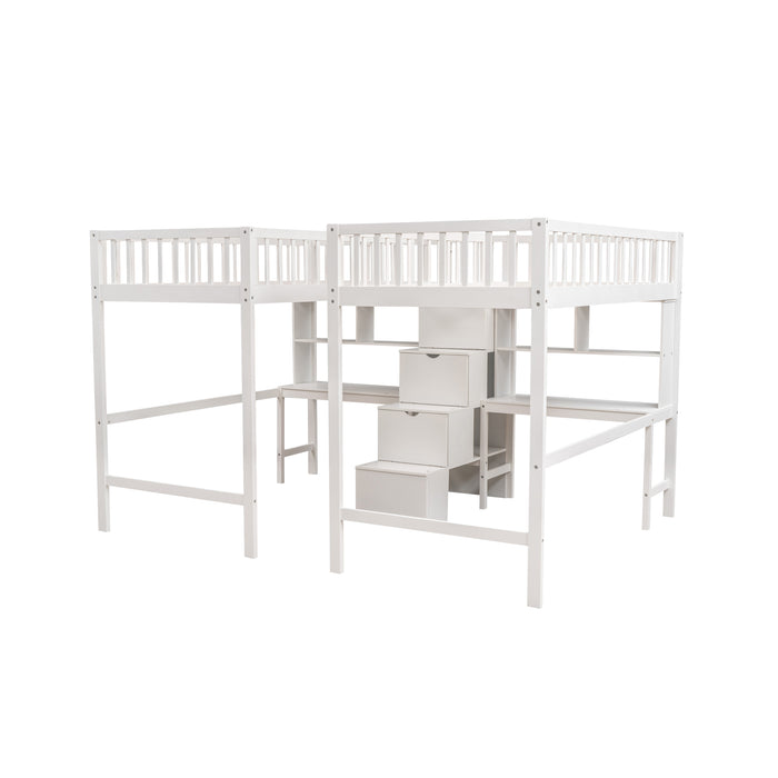 GFD Home - Twin & Twin Size Loft Bed with 2 Built-in Desks and Shelves, Storage Staircase, White - GreatFurnitureDeal