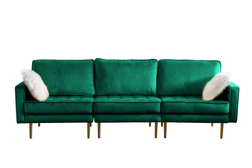 GFD Home - Theo Green Velvet Sofa Loveseat Chair Living Room Set with Pillows - GreatFurnitureDeal