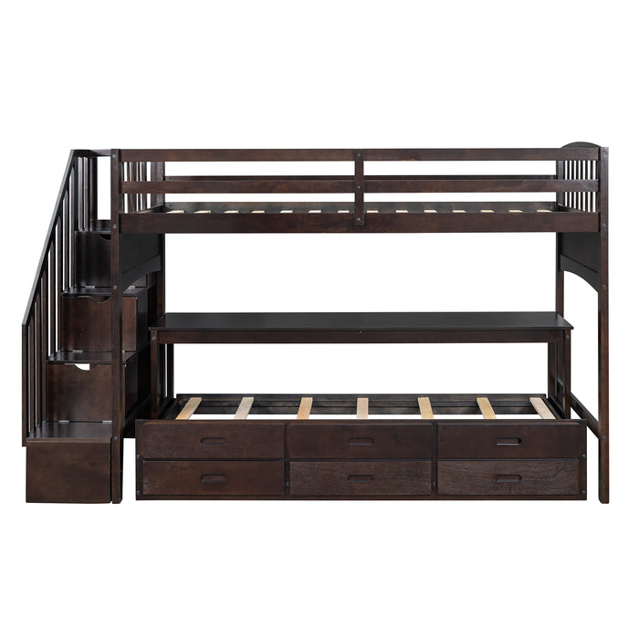 GFD Home - Stairway Twin XL Loft Bed with Twin Size Trundle and 3 Drawers, Storage, Desk, Espresso - GreatFurnitureDeal