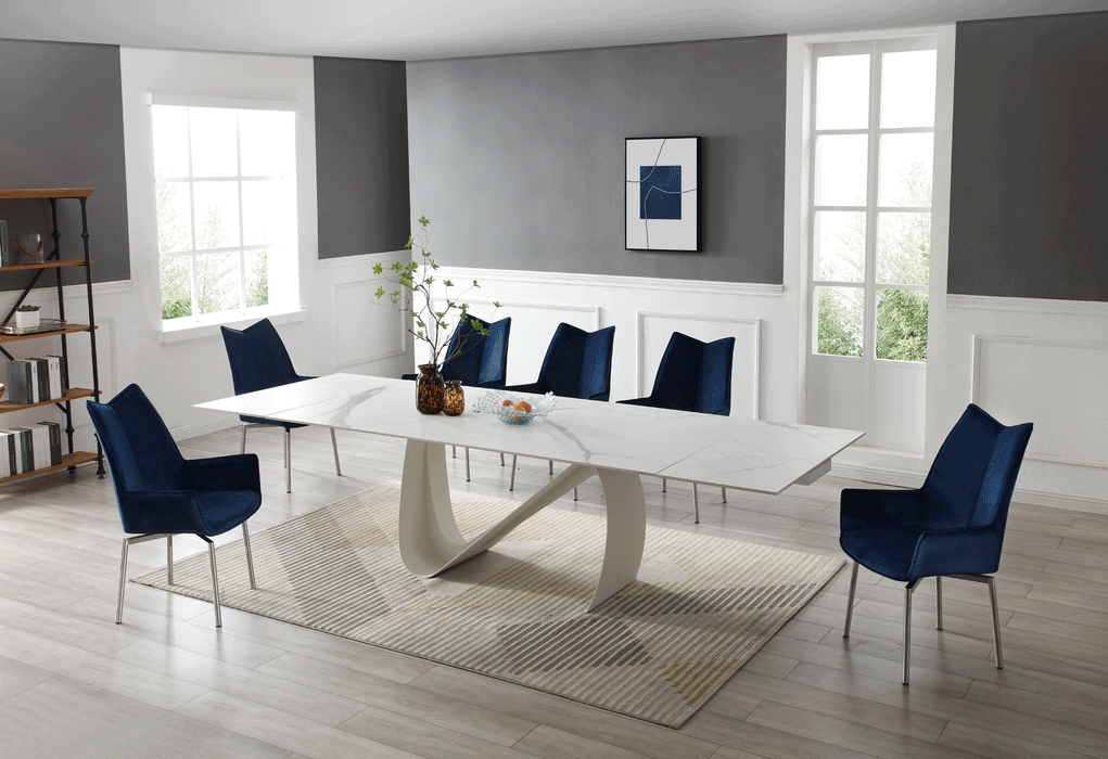 ESF Furniture - 9087 Dining Table White with 1218 swivel blue chair 7 Piece Dining Room Set - 9087TABLEWHITE-1218-7SET