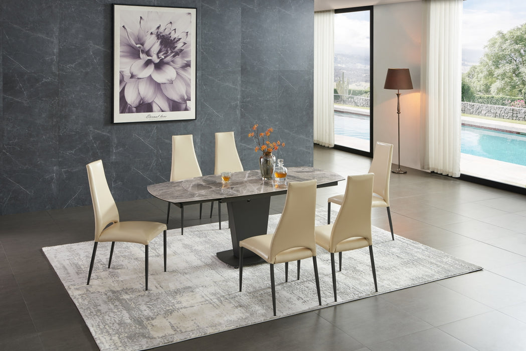 ESF Furniture - 2417 Marble Dining Table Grey Taupe with 3405 Chairs Beige 7 Piece Dining Room Set - 2417TABLEBROWN-3405-7SET - GreatFurnitureDeal