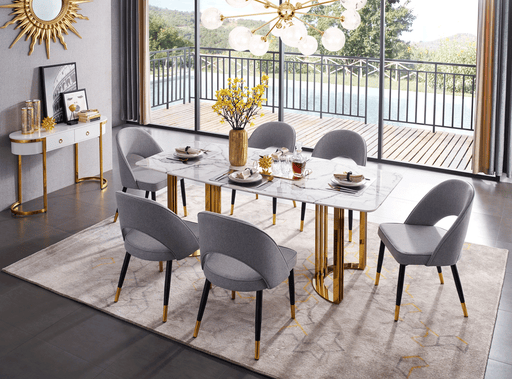 ESF Furniture - 131 Gold Marble Dining Table 8 Piece Dining Room Set - 131DININGTABLEGOLD-8SET - GreatFurnitureDeal