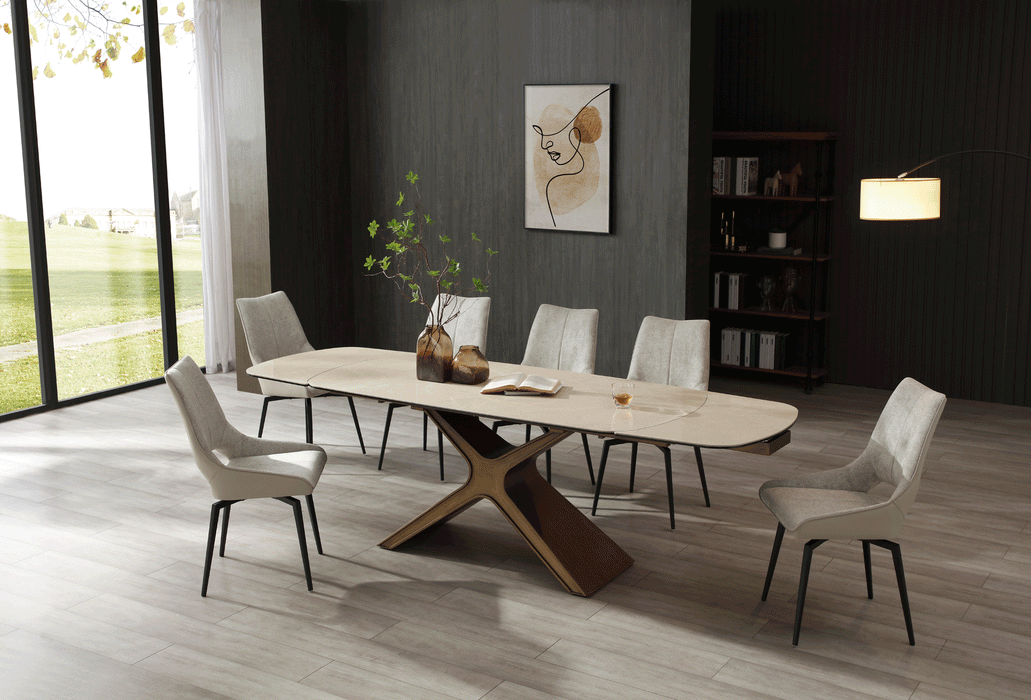 ESF Furniture - 9368 Dining Table Taupe with 1239 swivel beige chairs 7 Piece Dining Room Set - 9368TABLETAUPE-1239-7SET