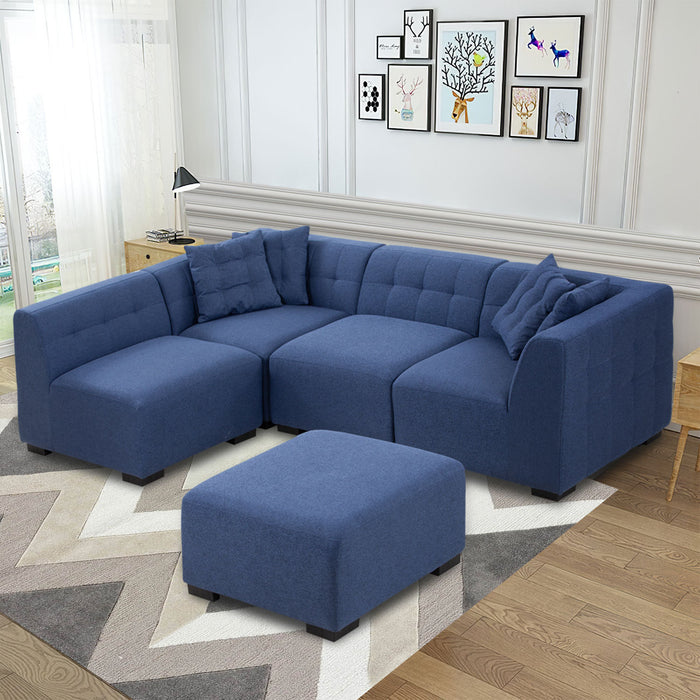 GFD Home - Sectional Sofa with Ottoman DIY Combination Sofa Blue - GreatFurnitureDeal