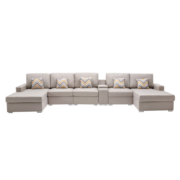 GFD Home - Nolan Beige Linen Fabric 6Pc Double Chaise Sectional Sofa with Interchangeable Legs, a USB, Charging Ports, Cupholders, Storage Console Table and Pillows - GreatFurnitureDeal