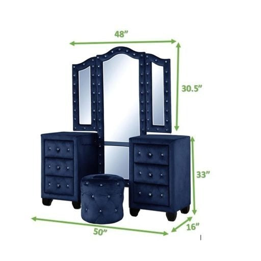 GFD Home - Sophia Full 4 Pc Vanity Upholstery Bedroom Set Made With Wood in Blue - GreatFurnitureDeal