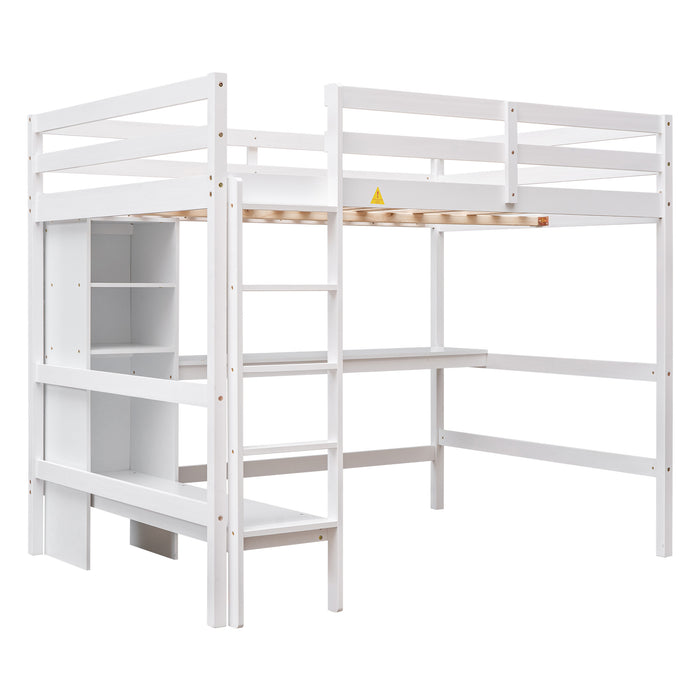 GFD Home - Full Size Loft Bed with Multifunction Shelves and Under-bed Desk, White - GreatFurnitureDeal