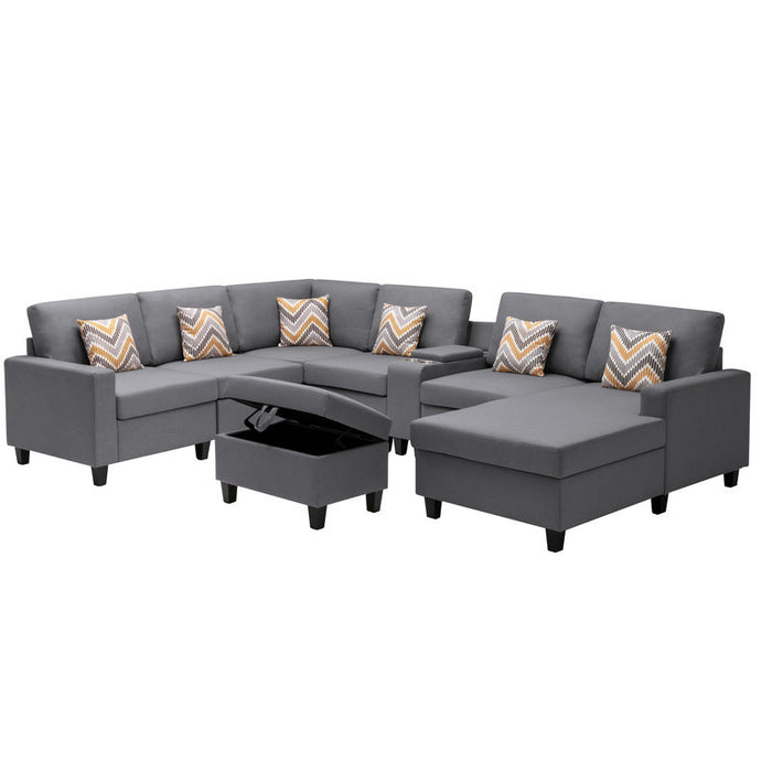 GFD Home - Nolan Gray Linen Fabric 8Pc Reversible Chaise Sectional Sofa with Interchangeable Legs, Pillows, Storage Ottoman, and a USB, Charging Ports, Cupholders, Storage Console Table - GreatFurnitureDeal