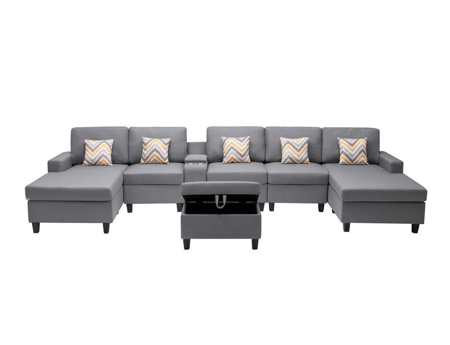 GFD Home - Nolan Gray Linen Fabric 7Pc Double Chaise Sectional Sofa with Interchangeable Legs, Storage Ottoman, Pillows, and a USB, Charging Ports, Cupholders, Storage Console Table - GreatFurnitureDeal