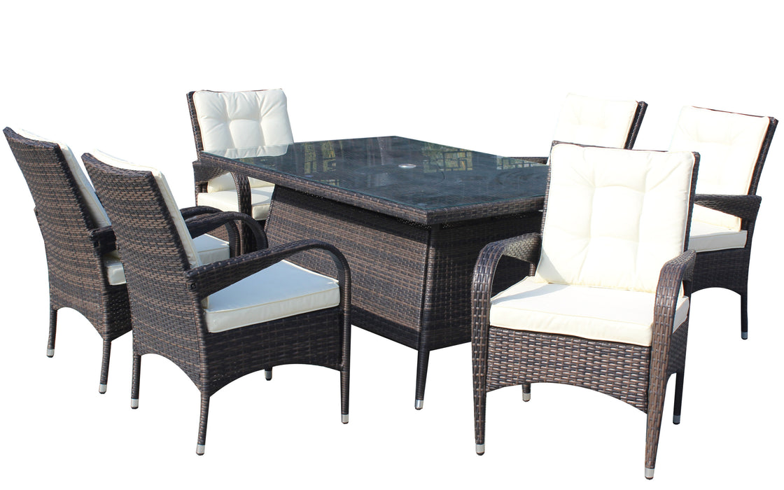 GFD Home - Patio 7-Piece Rectangular Dining Set with 6 Dining Chairs (Brown &Beige Cushion ) - GreatFurnitureDeal
