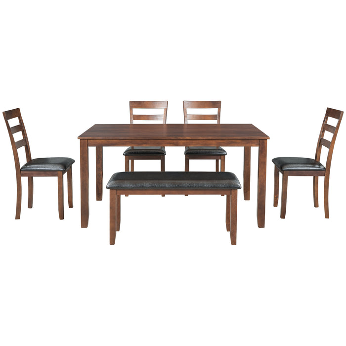 GFD Home - TREXM 6-Piece Kitchen Simple Wooden Dining Table and Chair with Bench, PU Cushion (Walnut) - GreatFurnitureDeal