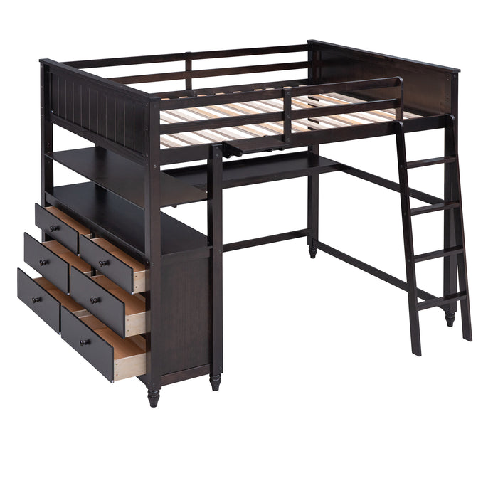 GFD Home - Full size Loft Bed with Drawers and Desk, Wooden Loft Bed with Shelves - Espresso(OLD SKU:LT000529AAP) - GreatFurnitureDeal