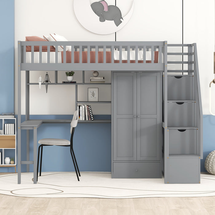 GFD Home - Twin size Loft Bed with Bookshelf,Drawers,Desk,and Wardrobe-Gray - GreatFurnitureDeal