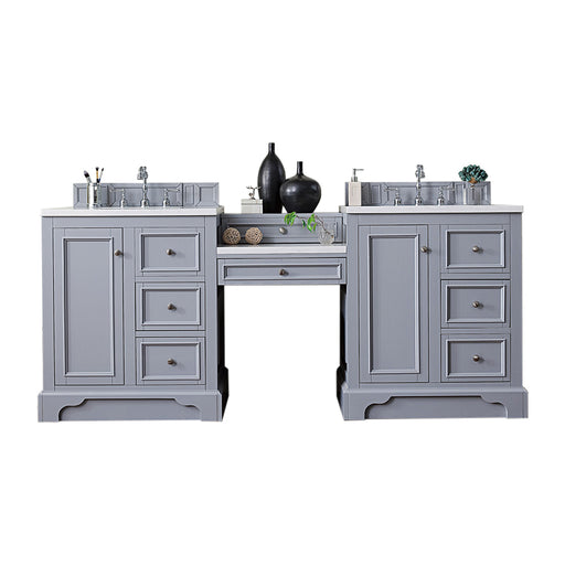 James Martin Furniture - De Soto 82" Double Vanity Set, Silver Gray w- Makeup Table, 3 CM Classic White Quartz Top - 825-V82-SL-DU-CLW - GreatFurnitureDeal