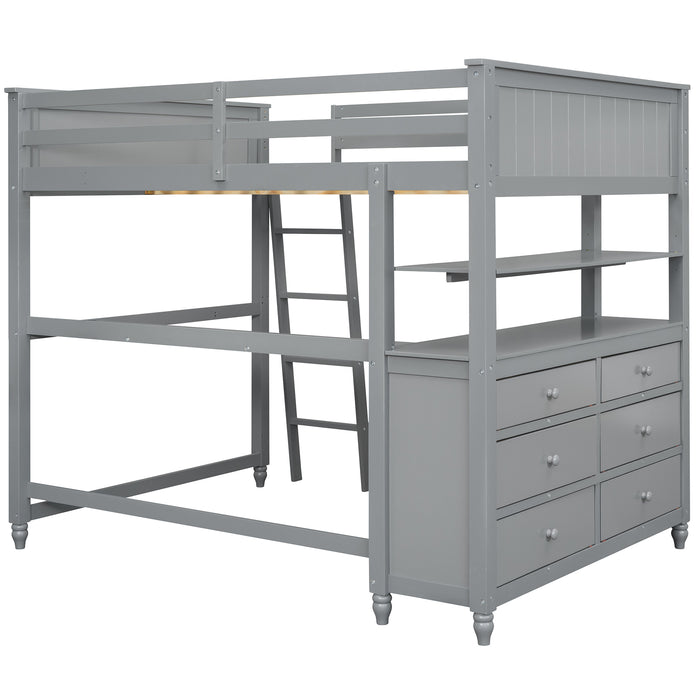 GFD Home - Full size Loft Bed with Drawers and Desk, Wooden Loft Bed with Shelves - Gray(OLD SKU:LT000529AAE) - GreatFurnitureDeal