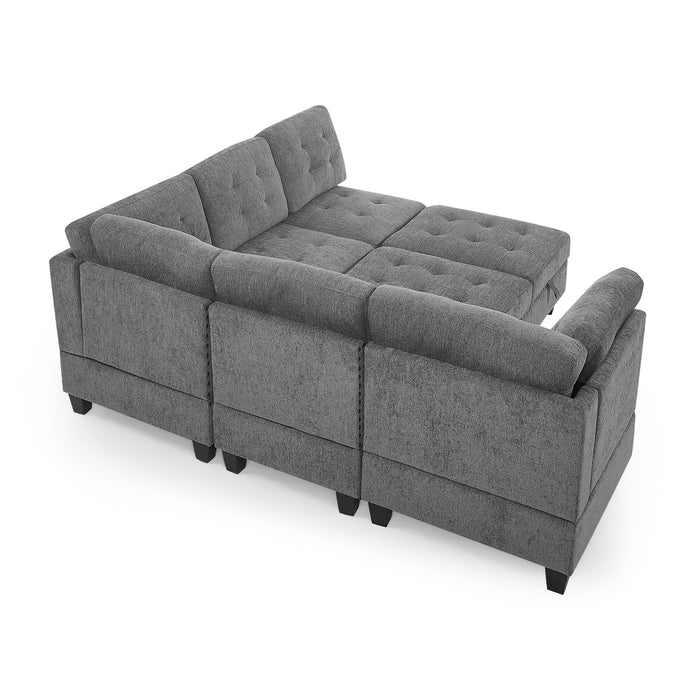 GFD Home - L shape Modular Sectional Sofa，DIY Combination，includes Three Single Chair ，Two Corner and Two Ottoman，Grey Chenille - GreatFurnitureDeal