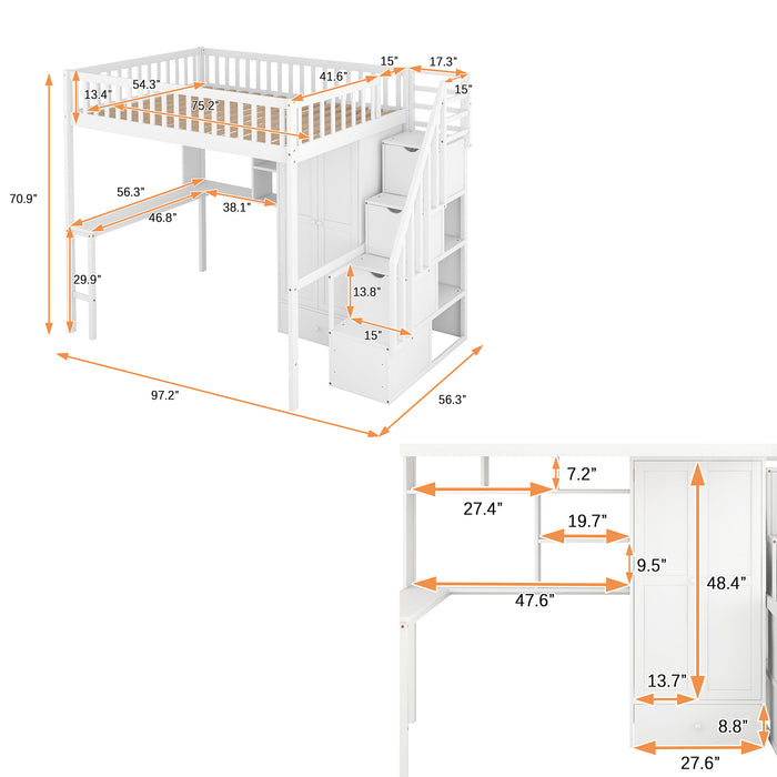 GFD Home - Full size Loft Bed with Bookshelf,Drawers,Desk,and Wardrobe-White - GreatFurnitureDeal