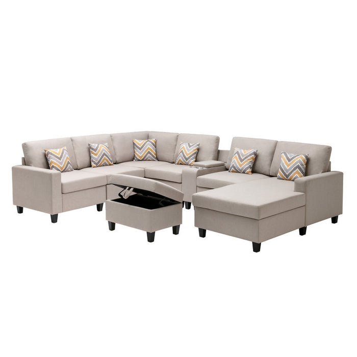 GFD Home - Nolan Beige Linen Fabric 8Pc Reversible Chaise Sectional Sofa with Interchangeable Legs, Pillows, Storage Ottoman, and a USB, Charging Ports, Cupholders, Storage Console Table - GreatFurnitureDeal