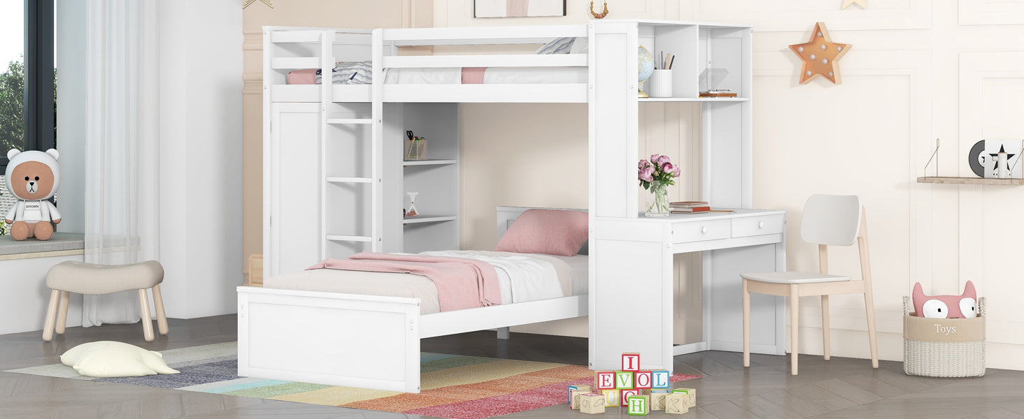 GFD Home - Twin size Loft Bed with a Stand-alone bed, Shelves,Desk,and Wardrobe-White - GreatFurnitureDeal