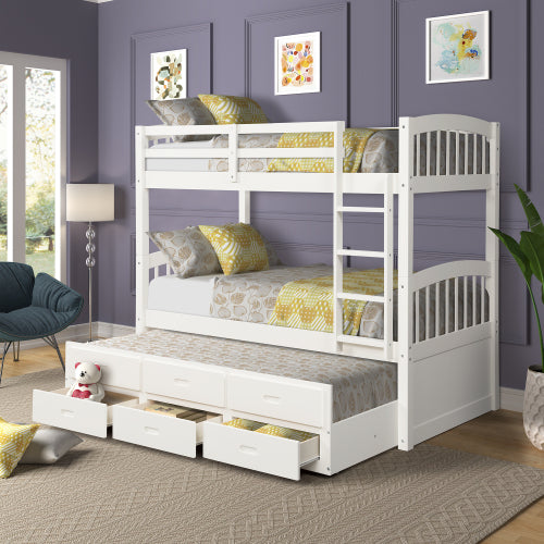 GFD Home - Twin over Twin Wood Bunk Bed with Trundle and Drawers, White - SM000093AAK - GreatFurnitureDeal