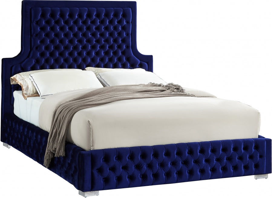 Meridian Furniture - Sedona Velvet Queen Bed in Navy - SedonaNavy-Q - GreatFurnitureDeal
