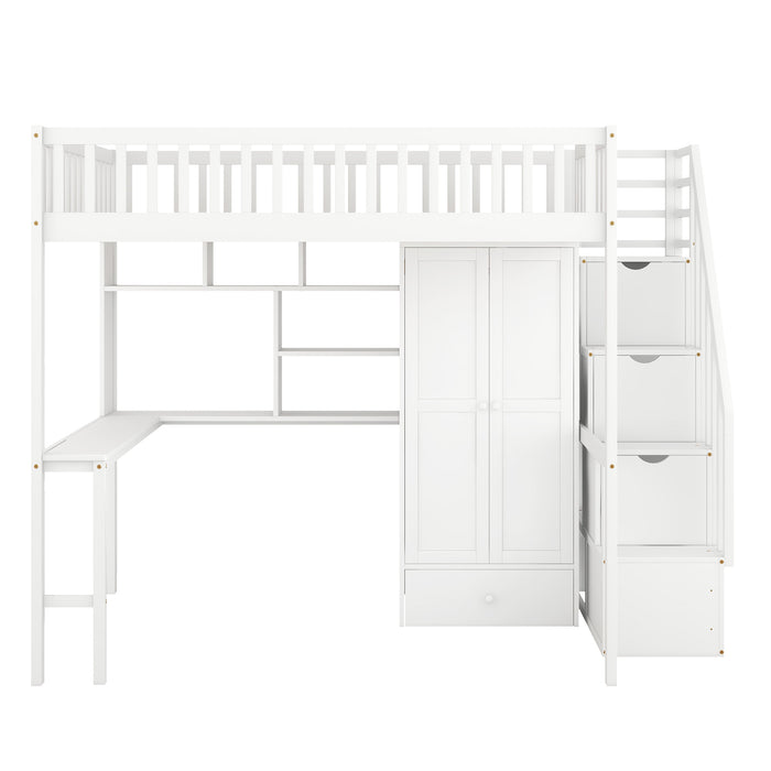 GFD Home - Full size Loft Bed with Bookshelf,Drawers,Desk,and Wardrobe-White - GreatFurnitureDeal