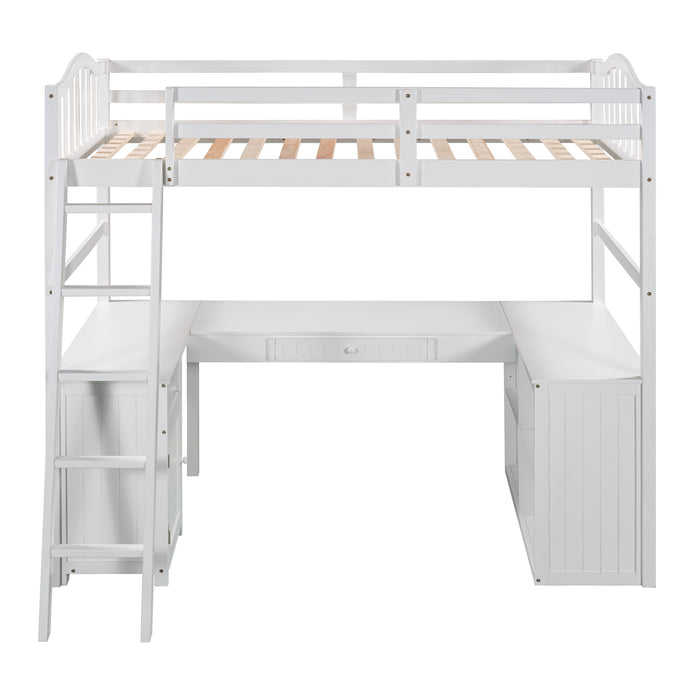 GFD Home - Twin size Loft Bed with Drawers, Cabinet, Shelves and Desk, Wooden Loft Bed with Desk - White(OLD SKU :LP000505AAK) - GreatFurnitureDeal