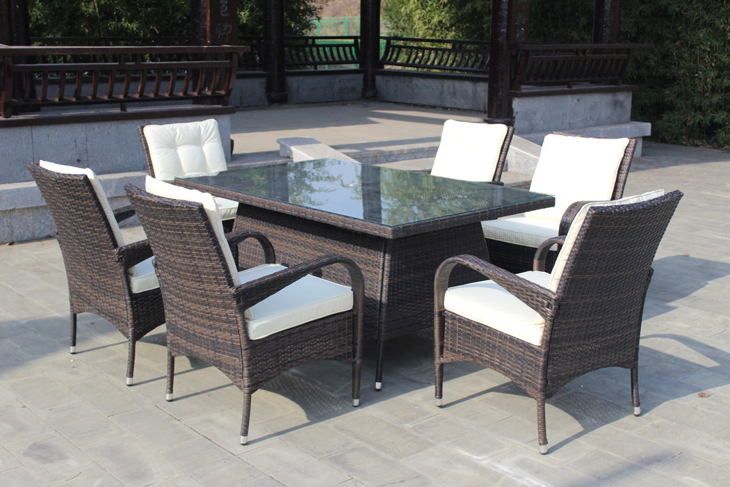 GFD Home - Patio 7-Piece Rectangular Dining Set with 6 Dining Chairs (Brown &Beige Cushion ) - GreatFurnitureDeal