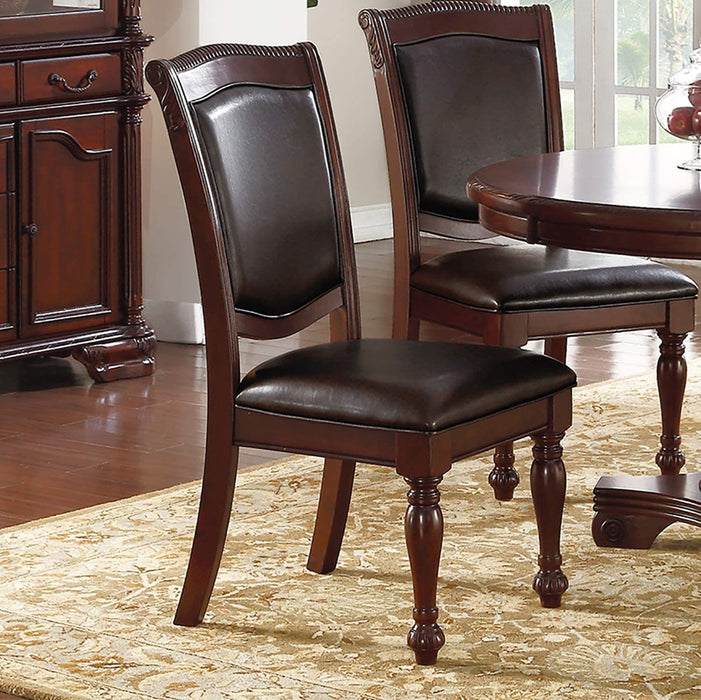 GFD Home - Majestic Classic Formal Dining Room Table And 4x Side Chairs Brown 5pc Set Dining Table Pedestal Base Round Table Faux Leather - GreatFurnitureDeal