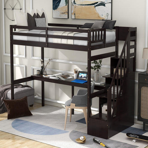 GFD Home - Twin Size Loft Bed with Storage Staircase and Built-in Desk, Espresso (Old SKU:GX000903AAP) - GreatFurnitureDeal