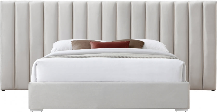 Meridian Furniture - Pablo Velvet Queen Bed in Cream - PabloCream-Q - GreatFurnitureDeal