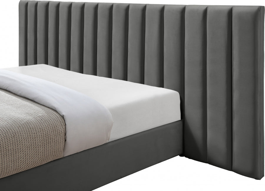 Meridian Furniture - Pablo Velvet Queen Bed in Grey - PabloGrey-Q - GreatFurnitureDeal