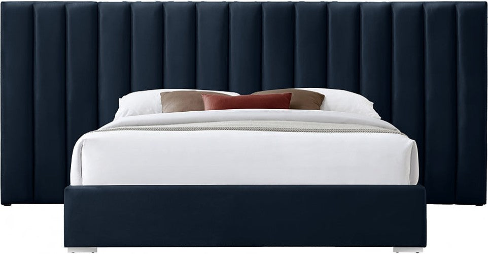 Meridian Furniture - Pablo Velvet Queen Bed in Navy - PabloNavy-Q - GreatFurnitureDeal