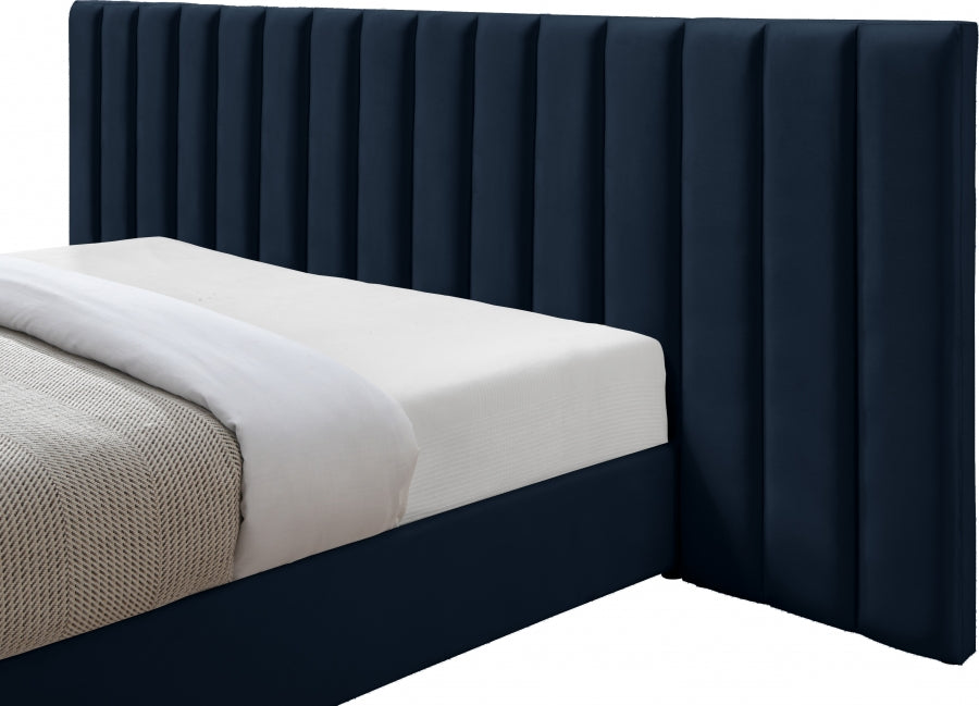 Meridian Furniture - Pablo Velvet Queen Bed in Navy - PabloNavy-Q - GreatFurnitureDeal