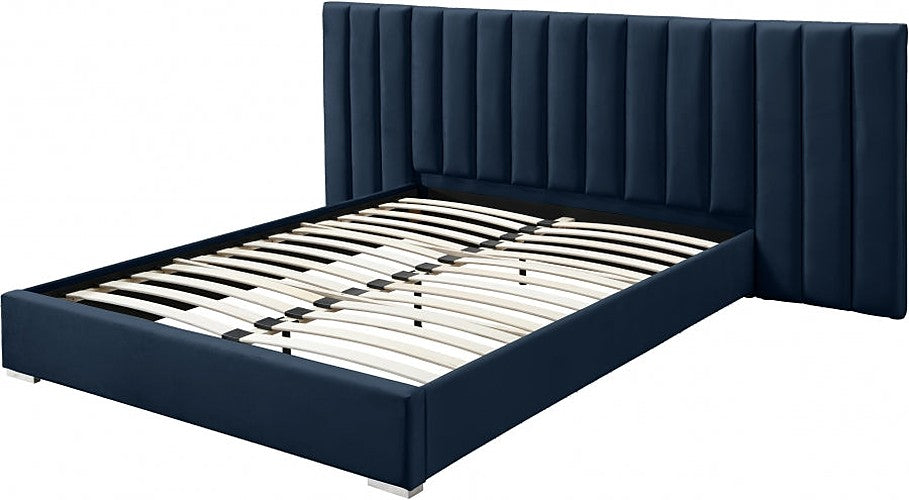 Meridian Furniture - Pablo Velvet Queen Bed in Navy - PabloNavy-Q - GreatFurnitureDeal