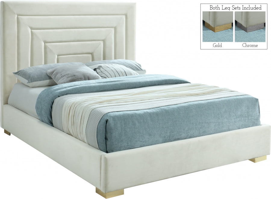 Meridian Furniture - Nora Velvet Queen Bed in Cream - NoraCream-Q - GreatFurnitureDeal