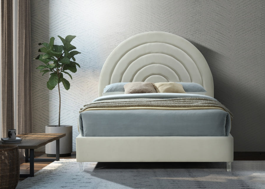 Meridian Furniture - Rainbow Velvet Queen Bed in Cream - RainbowCream-Q - GreatFurnitureDeal