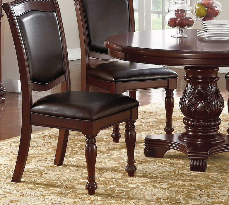 GFD Home - Majestic Classic Formal Dining Room Table And 4x Side Chairs Brown 5pc Set Dining Table Pedestal Base Round Table Faux Leather - GreatFurnitureDeal